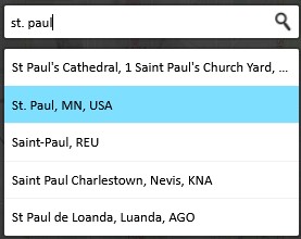 Search widget open, with the "St. Paul" entered in the search bar, and five results displayed